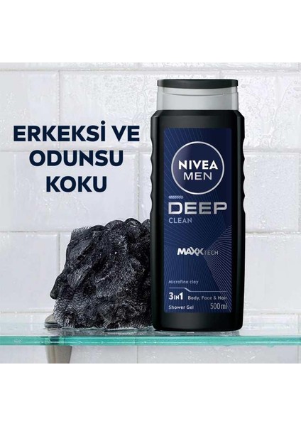 NIVEA MEN Deep Dimension Erkek Duş Jeli 500ml; 3ü1 Arada Vücut; Saç ve Yüz için Pratik Kullanım