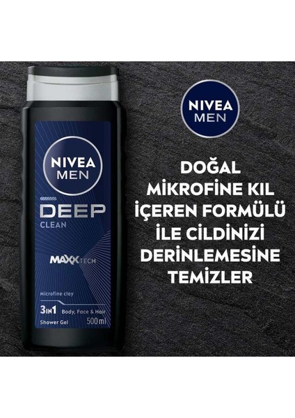 NIVEA MEN Deep Dimension Erkek Duş Jeli 500ml; 3ü1 Arada Vücut; Saç ve Yüz için Pratik Kullanım