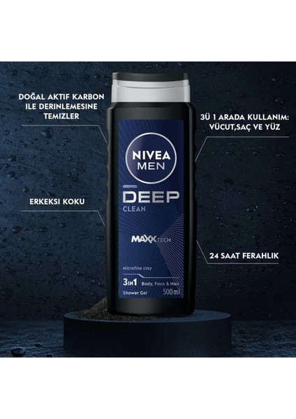 NIVEA MEN Deep Dimension Erkek Duş Jeli 500ml; 3ü1 Arada Vücut; Saç ve Yüz için Pratik Kullanım