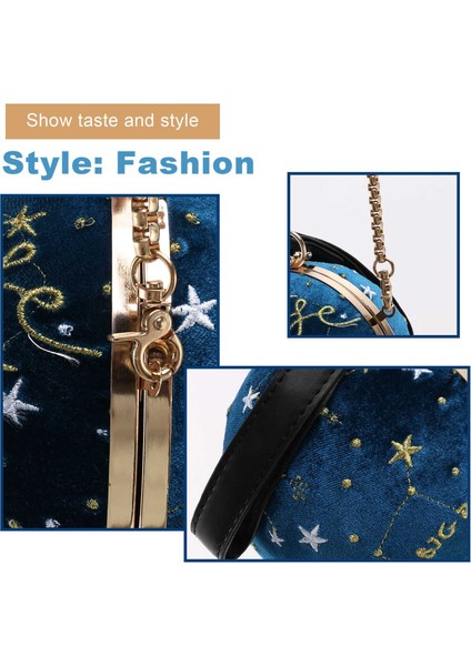 Lüks Moda Mavi Gezegen Desen Kadife Yıldız Top Omuz Çantası Kadın Küçük Yuvarlak Kadife Çanta Kişilik Kadın Çanta Küresel Tote Mavi (Yurt Dışından)