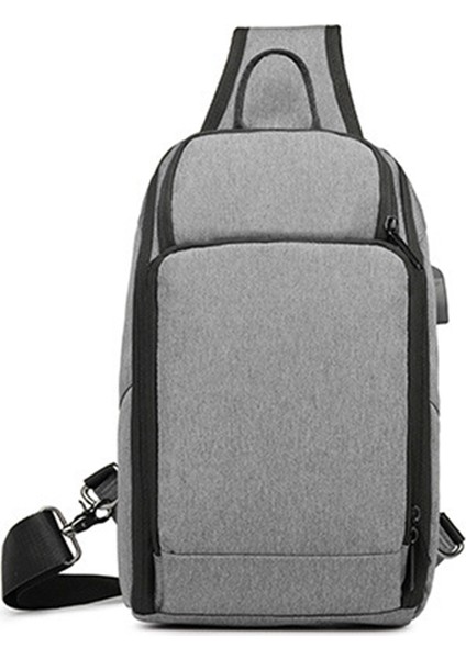Rahat Erkek Göğüs Çantası Oxford Kumaş Su Geçirmez USB Crossbody Göğüs Çantası Açık Seyahat Omuz Çantası Gri (Yurt Dışından)