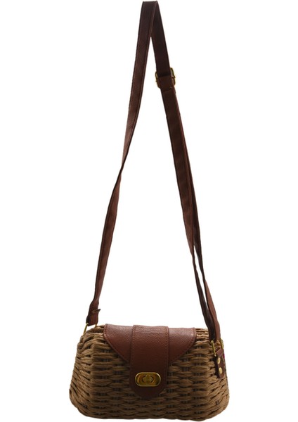 Moda Trendi Kilitli Dokuma Çanta Kova Tipi Hasır Çanta Omuz Çapraz Paket Kahverengi (Yurt Dışından)