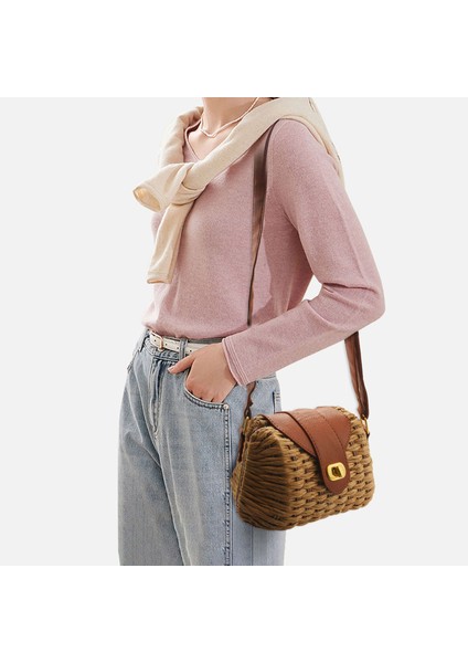 Moda Trendi Kilitli Dokuma Çanta Kova Tipi Hasır Çanta Omuz Çapraz Paket Kahverengi (Yurt Dışından) fiyatları