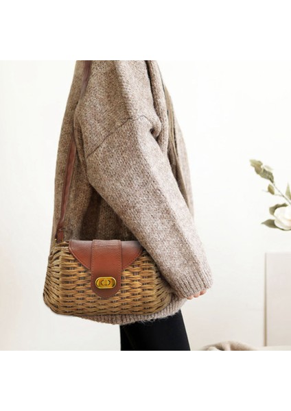 Moda Trendi Kilitli Dokuma Çanta Kova Tipi Hasır Çanta Omuz Çapraz Paket Kahverengi (Yurt Dışından) modelleri