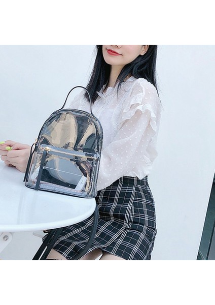 Şeffaf Sırt Çantası Kadın Rahat Moda Yüksek Kaliteli Bayan Sırt Çantası Şeffaf Okul Çantası Seyahat Çantası-Siyah (Yurt Dışından) modelleri