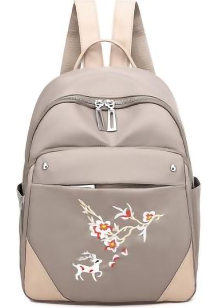 Çin Tarzı Çiçek Nakış Kadın Sırt Çantası Su Geçirmez Oxford Küçük Okul Çantası Gençlik Seyahat Omuz Çantası-Haki (Yurt Dışından)