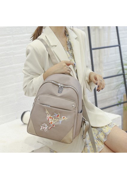Çin Tarzı Çiçek Nakış Kadın Sırt Çantası Su Geçirmez Oxford Küçük Okul Çantası Gençlik Seyahat Omuz Çantası-Haki (Yurt Dışından) modelleri