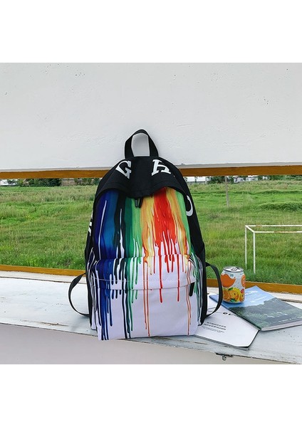 Moda Graffiti Baskılı Omuz Çantası Kadın Vahşi Edebi Fan Sırt Çantası Kampüs Öğrenci Çantası Siyah (Yurt Dışından)