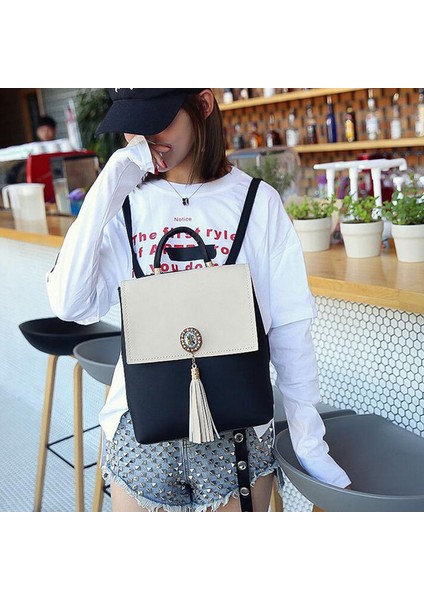 Kontrast Püskül Pu Sırt Çantası Çok Fonksiyonlu Büyük Çanta Basit Moda Tek Omuz Çift Kullanımlı Çanta Rahat Vahşi Sırt Çantası Bej (Yurt Dışından)