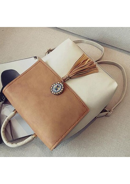 Kontrast Püskül Pu Sırt Çantası Çok Fonksiyonlu Büyük Çanta Basit Moda Tek Omuz Çift Kullanımlı Çanta Rahat Vahşi Sırt Çantası Bej (Yurt Dışından)