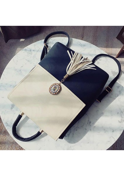 Kontrast Püskül Pu Sırt Çantası Çok Fonksiyonlu Büyük Çanta Basit Moda Tek Omuz Çift Kullanımlı Çanta Rahat Vahşi Sırt Çantası Bej (Yurt Dışından)