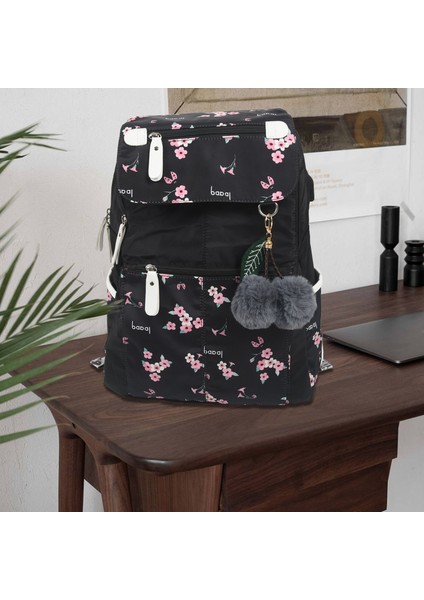 Fengdong Moda Okul Sırt Çantası USB Okul Çantaları Siyah Sırt Çantası Peluş Bilgisayar Çantası Kiraz Çiçeği Desenleri ile Su Geçirmez Seyahat Çantası (Yurt Dışından) modelleri