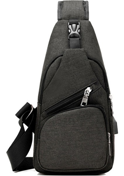 Omuz Çantası USB Şarj Spor Erkek Oxford Crossbody Rahat Messenger Paketi Kulaklık Deliği Çok Fonksiyonlu Siyah (Yurt Dışından)