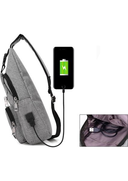 Omuz Çantası USB Şarj Spor Erkek Oxford Crossbody Rahat Messenger Paketi Kulaklık Deliği Çok Fonksiyonlu Siyah (Yurt Dışından) fırsatları