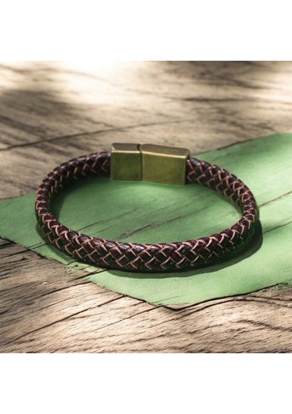 Kahverengi Örgü Deri Bileklik | Metal Mıknatıs Kapatma