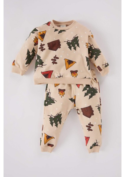Erkek Bebek 2'li Takım Yeni Yıl Baskılı Bisiklet Yaka Sweatshirt Beli Lastikli Alt D5932A524WN