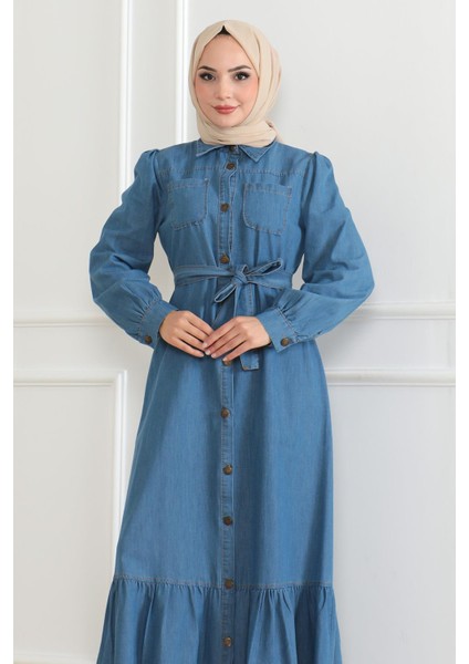 Fırfır Detaylı Kot Elbise Açık Mavi 19225 fiyatları