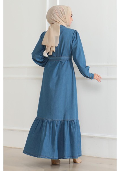 Fırfır Detaylı Kot Elbise Açık Mavi 19225 fırsatları