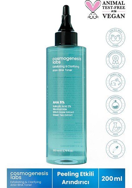 Cosmogenesis Labs Peeling Etkili Aha+Bha Tonik Toner 200ML Cilt Onarıcı