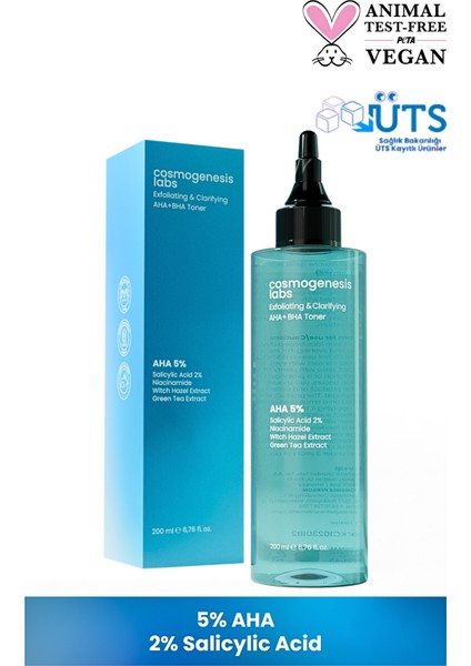 Cosmogenesis Labs Peeling Etkili Aha+Bha Tonik Toner 200ML Cilt Onarıcı