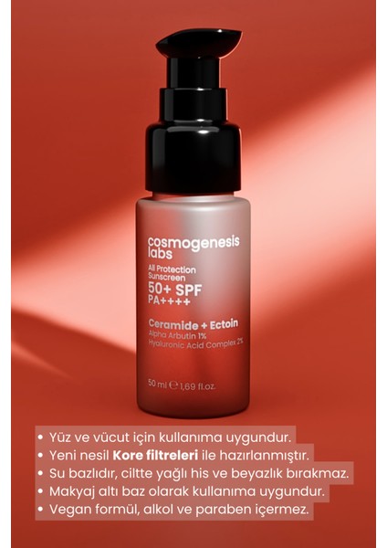 Yüksek Koruma 50+ Spf Yüz ve Vücut Güneş Kremi Vegan Kore Filtre Nemlendirici Leke Karşıtı 50 ml