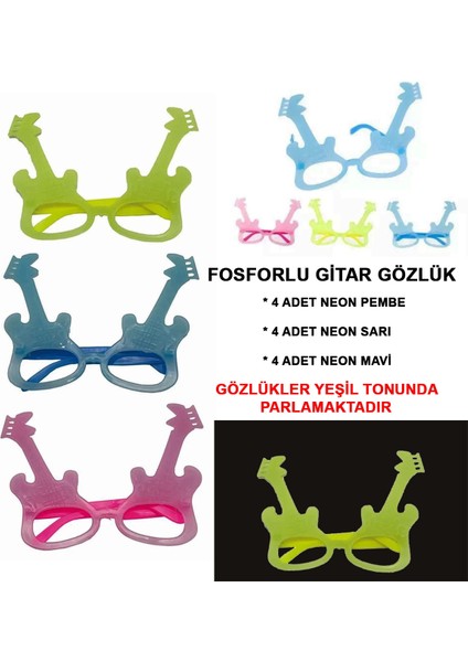 Fosforlu Gitar Model Glow Parti Gözlüğü Karanlıkta Yanan Gözlükler 12 Adet