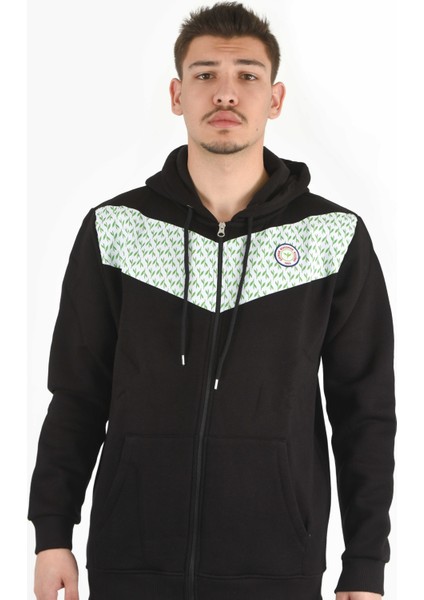 Siyah Çay Desenli Fermuarlı Sweatshırt