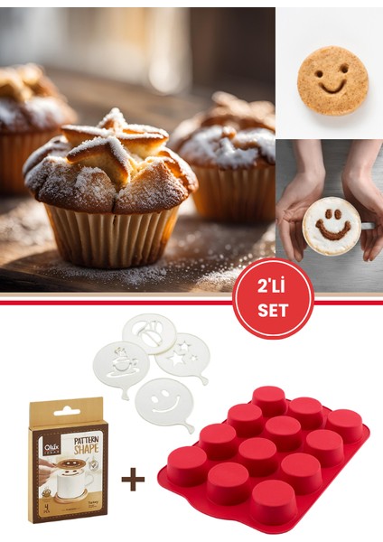 12'li Silindir Muffin Kek Kalıbı ve Pasta Süsleme Şablonu, Kahve, Tatlı Şekillendirici Süsleme Aparatı Ikili Set