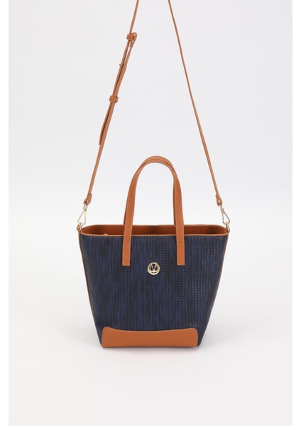 Lacivert - Camel Hasır Desen El Çantası