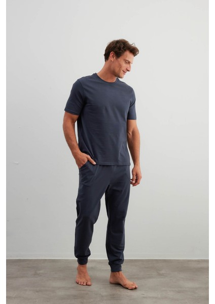 Erkek Pamuklu Kısa Kollu Uzun Pijama Takımı