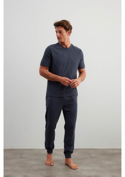 Erkek Pamuklu Kısa Kollu Uzun Pijama Takımı