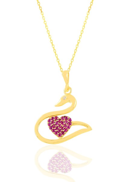 Gümüş Altın Yaldızlı Fuşya Taşlı Kalpli Kuğu Kolye SGTL12590GOLD