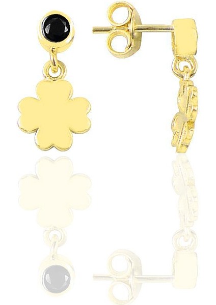 Gümüş Altın Yaldızlı Onix Taşlı Şanslı Yonca Küpe SGTL12620GOLD