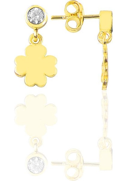 Gümüş Altın Yaldızlı Zirkon Taşlı Şanslı Yonca Küpe SGTL12621GOLD