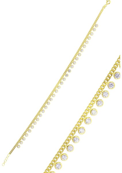 Gümüş Altın Yaldızlı Zirkon Taşlı Gurmet Zincirli Halhal SGTL10533GOLD