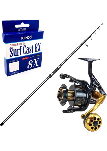 Surf Oltası Seti Okuma Revenger Tele Surf 420 cm 4 Parça Surf Kamışı&okuma Salina SA-6000HA Blue 6+1bb Olta Makinesi