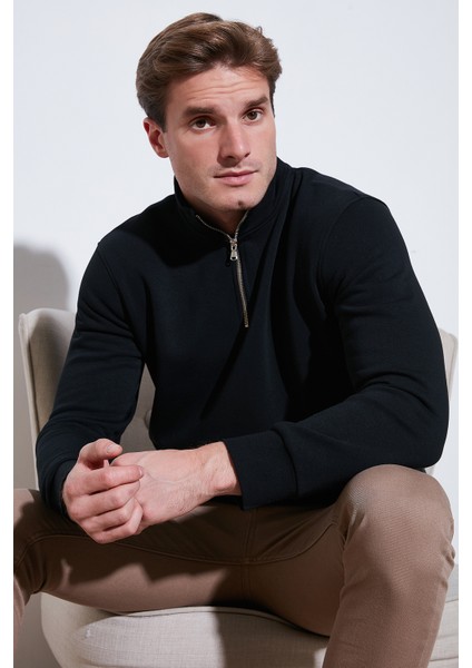 Pamuklu Regular Fit Yarım Fermuarlı Dik Yaka Sweat Erkek Sweat 59052592