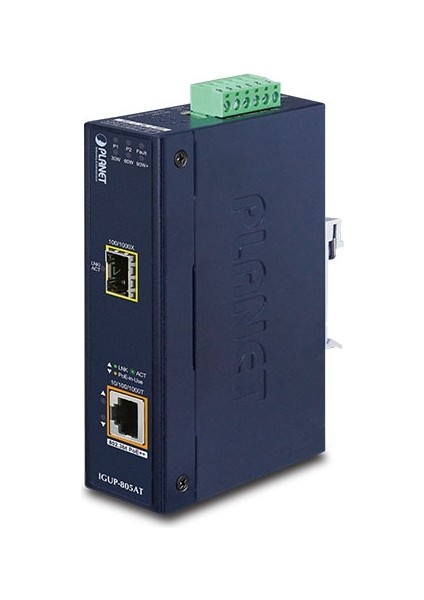 Endüstriyel 1-Port 100/1000X SFP &lt;-&gt; 1-Port 10/100/1000T 802.3bt PoE++ Media Converter&lt;br&gt;Industrial 1-Port 100/1000X SFP to 1-Port 10/100/1000T 802.3bt PoE++ Media Converter