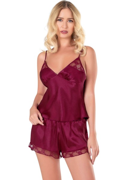 MOTTO10BUTIK Bordo Saten Babydoll Şort Takımı