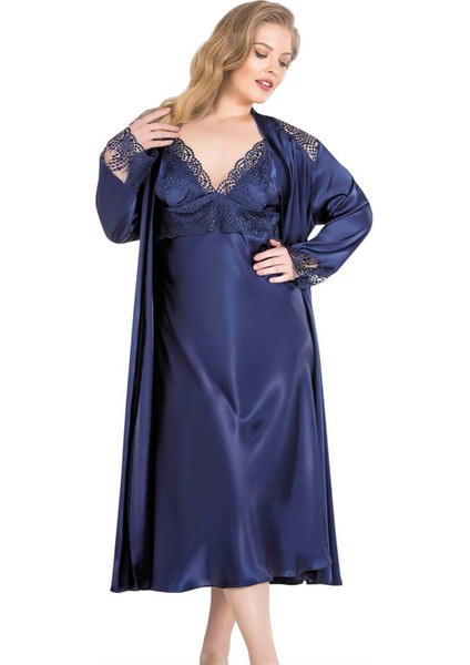 Büyük Beden Lacivert Uzun Ikili Saten Sabahlık Gecelik Takımı