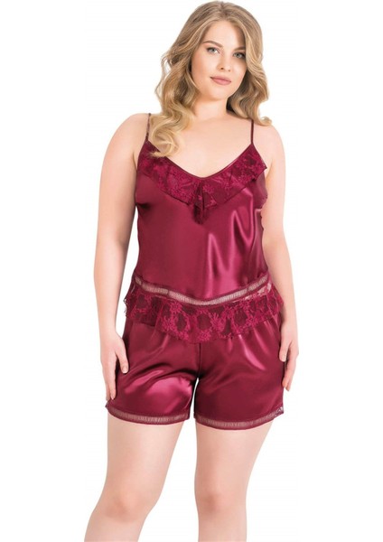 MOTTO10BUTIK Büyük Beden Bordo Saten Babydoll Şort Takımı