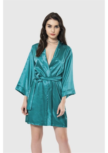MOTTO10BUTIK Aria's Closet Zümrüt Kısa Saten Sabahlık