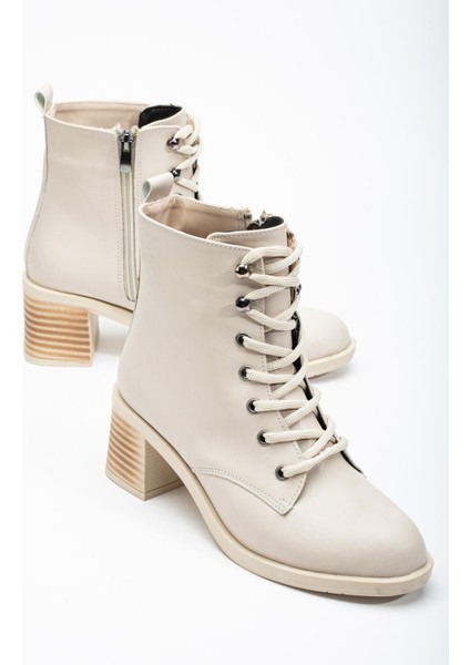 Kadın Topuklu Bot Bej Bağlı Suni Deri