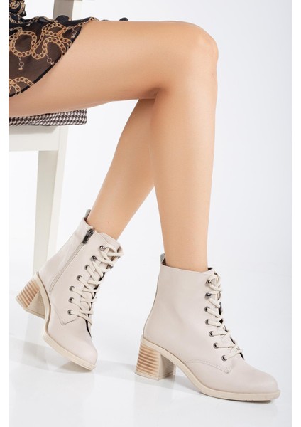 Kadın Topuklu Bot Bej Bağlı Suni Deri fiyatları