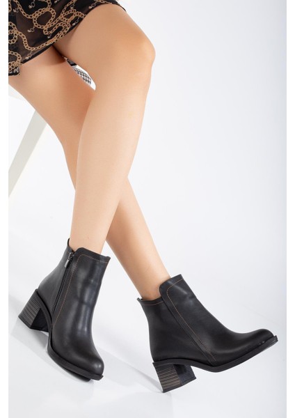 Kadın Topuklu Bot Siyah Yüzüdüz Oval Burun Yan Parçalı fiyatları