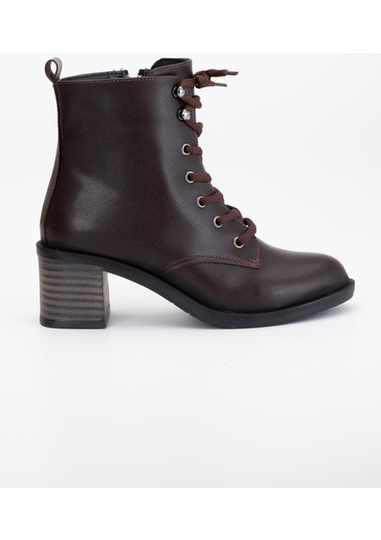 Kadın Topuklu Bot Kahve Bağlı Suni Deri modelleri