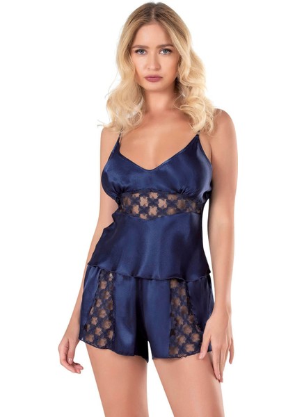 MOTTO10BUTIK Lacivert Saten Babydoll Şort Takımı