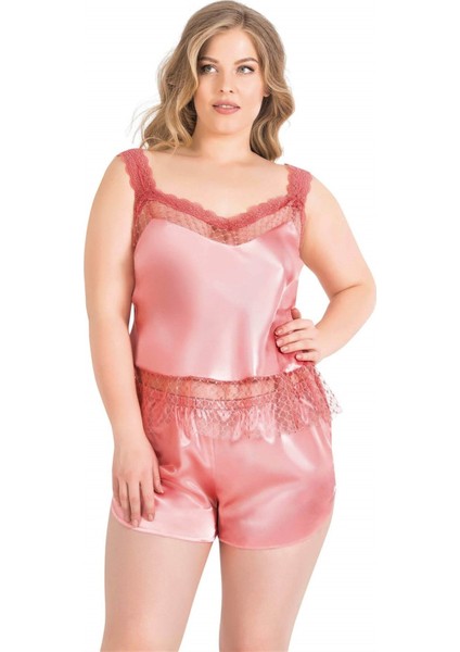 MOTTO10BUTIK Büyük Beden Mercan Saten Babydoll Şort Takımı