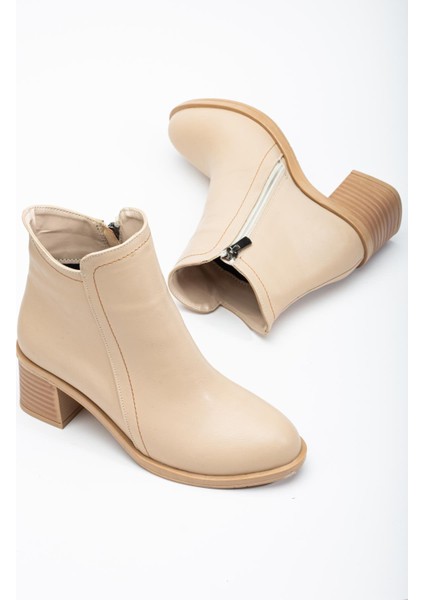 Kadın Topuklu Bot Nude Yüzüdüz Oval Burun Yan Parçalı