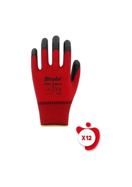 Iş Eldiveni Beybi Pn 3 Kırmzı Siyah Zebra 9 Numara 12 Adet